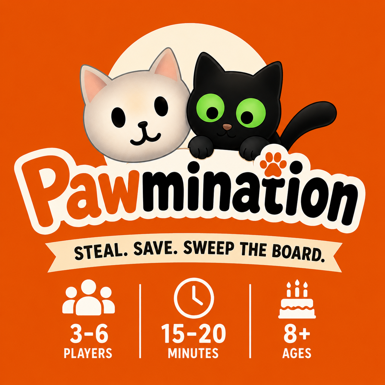 Pawmination logo with the two cats behind it and the tagline: Steal. Save. Sweep the board.